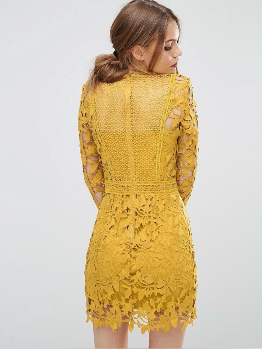 ASOS Mustard Lace Long Sleeve Panelled Dress - Picture 2 of 12
